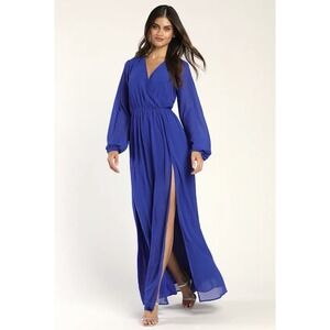 Lulus Royal Blue Long Sleeve Maxi Dress Sz S V-Neck Pleated Formal Cocktail